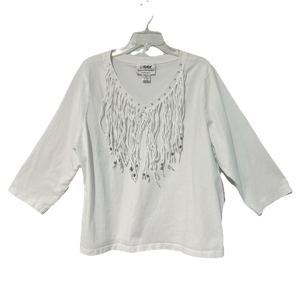 Back In The Saddle Blouse Womens 1X Fringe Studs White Tunic Top Western Boho